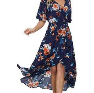Kormei Floral Hi-Lo Flowy V-Neck Dress